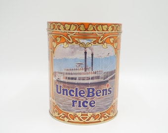 Large cylinder metal canister, Uncle Ben&#39;s rice tin