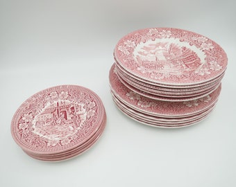 Pink Royal Tudor Ware Ironstone dinner plate, bowl and bread plate, Coaching Taverns Staffordshire England hand engraved