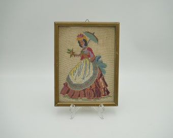 Vintage cross stitch portrait of a lady with flowers and umbrella framed completed wall art