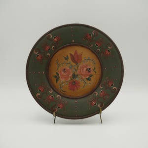 Vintage folk art Rosemaling floral wooden plate, hand painted