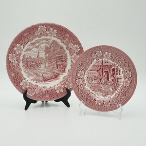 Pink Royal Tudor Ware Ironstone dinner plate, bowl and bread plate, Coaching Taverns Staffordshire England hand engraved