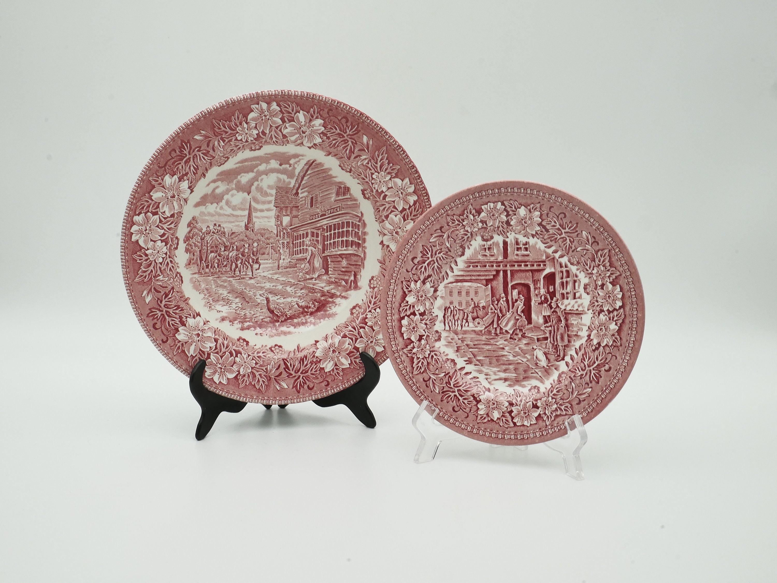 Pink Royal Tudor Ware Ironstone dinner plate, bowl and bread plate, Coaching Taverns Staffordshire England hand engraved