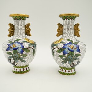 Vintage Cloisonné mirror image vases with handles