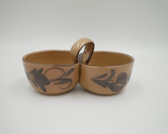 Vintage pottery bowls with handle, hand painted, condiments server