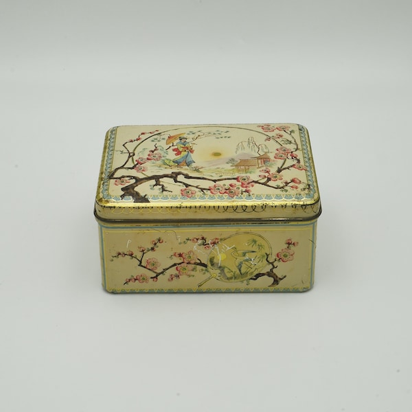 Vintage yellow and pink chinoiserie floral tin box cherry blossoms Geisha