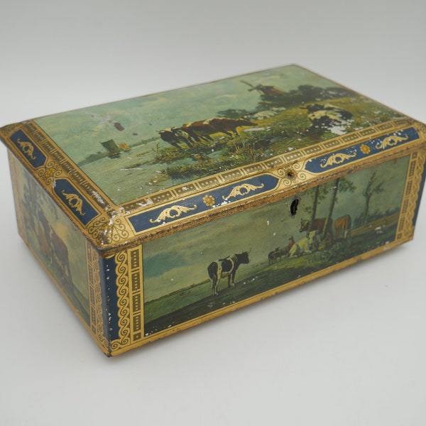 Vintage British biscuit tin, rectangular with pastoral scene, cows, sheep and goats