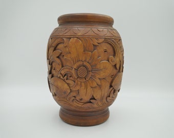 Hand carved wood vase, raised floral exotic jar