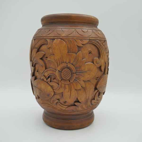 Vase en bois sculpté à la main, pot floral exotique en relief