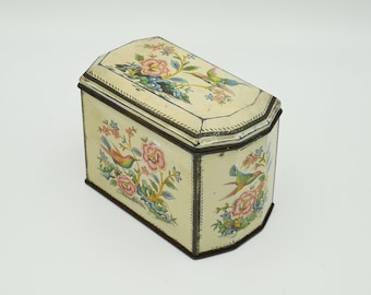 Vintage yellow pink and blue tin box birds and flowers, William Crawford of Great Britain biscuit tin