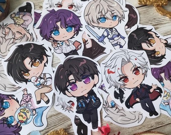 Könnte beinhalten: Eine Sammlung von 11 Anime-Charakter-Stickern mit verschiedenen Charakteren mit unterschiedlichen Haarfarben, Kleidung und Accessoires. Die Sticker sind auf weißem Papier gedruckt und haben eine glänzende Oberfläche.