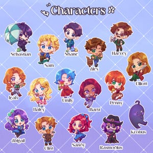 K&ouml;nnte beinhalten: Eine Sammlung von Charakterillustrationen im Chibi-Stil. Jeder Charakter wird mit einzigartigen Merkmalen und Accessoires dargestellt, mit Namen unter jeder Figur. Der Titel "Characters" steht oben. Der Hintergrund ist ein helllila Gitter.