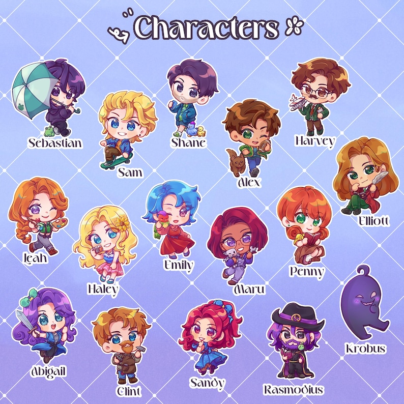 K&ouml;nnte beinhalten: Eine Sammlung von Charakterillustrationen im Chibi-Stil. Jeder Charakter wird mit einzigartigen Merkmalen und Accessoires dargestellt, mit Namen unter jeder Figur. Der Titel "Characters" steht oben. Der Hintergrund ist ein helllila Gitter.