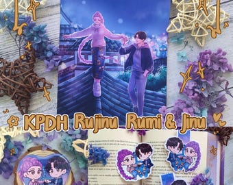 KPDH - Print, Sticker, Bookmark Magnet, Heart Badges and Magnet - Rumi & Jinu - Rujinu - Kpop Movie - Heart Pin-back buttons