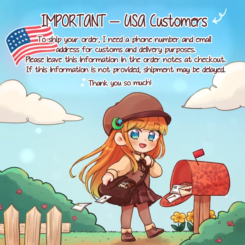 K&ouml;nnte beinhalten: Eine Illustration eines Cartoon-Charakters mit orangefarbenen Haaren und blauen Augen, gekleidet in einem braunen Outfit, neben einem roten Briefkasten. Das Bild enth&auml;lt den Text "IMPORTANT - USA Customers" und eine US-Flagge.