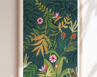 Impresión de pared de selva tropical / Ilustración botánica / Arte natural colorido / A5 A4 A3