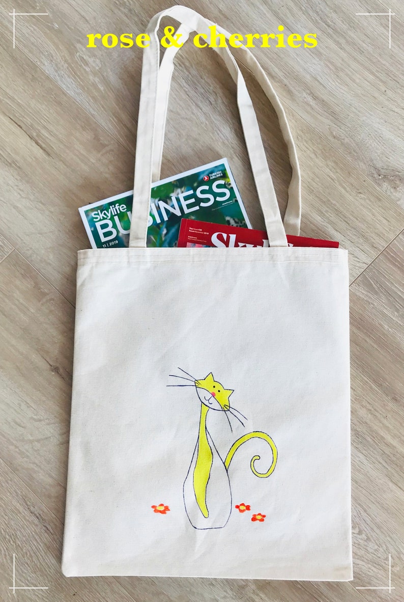 Hand Printed Cats Birthday Gifts Purple Cats Themed Gifts Arts Hand Painted Yellow Cat Design Canvas Tote Bags Handmade Gifts for Women