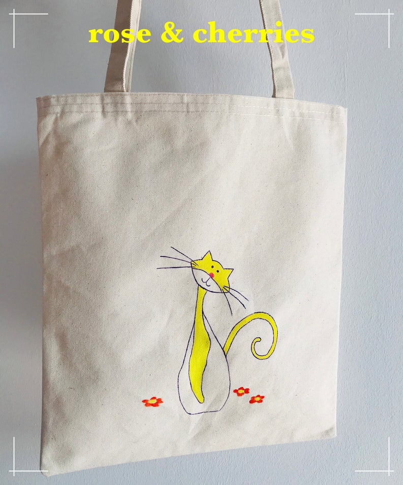 Hand Printed Cats Birthday Gifts Purple Cats Themed Gifts Arts Hand Painted Yellow Cat Design Canvas Tote Bags Handmade Gifts for Women