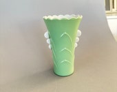 Vintage 1930s Art Deco Anchor Hocking Fire King Vitrock Milk Glass Vase - Mint Green - 5 quot H - Scalloped