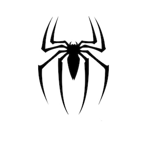 May include: A black spider emblem with eight legs and a central body, set against a white background. The spider's legs are elongated and pointed, with a stylized, geometric design. The overall shape is symmetrical and bold.