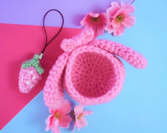 Handmade Strawberry Bunny Tamagotchi Case for Meets, p’s, iD, iDL and m!x