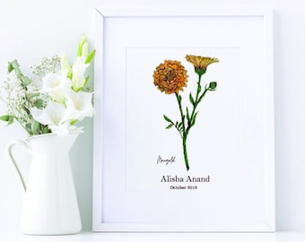 Personalised October birth flower print / Birth flower hand drawn watercolour illustration  / Birth flower art / Marigold illustration print