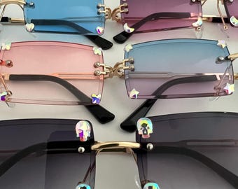 Rhinestone Studded Rimless Sunglasses | Skull, Star & Heart
