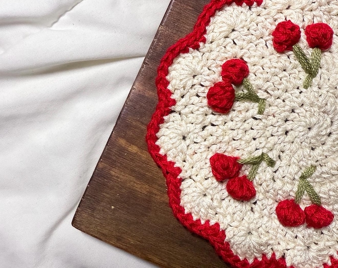 Cherry Crocheted Coaster 100% Cotton with Cork Backing