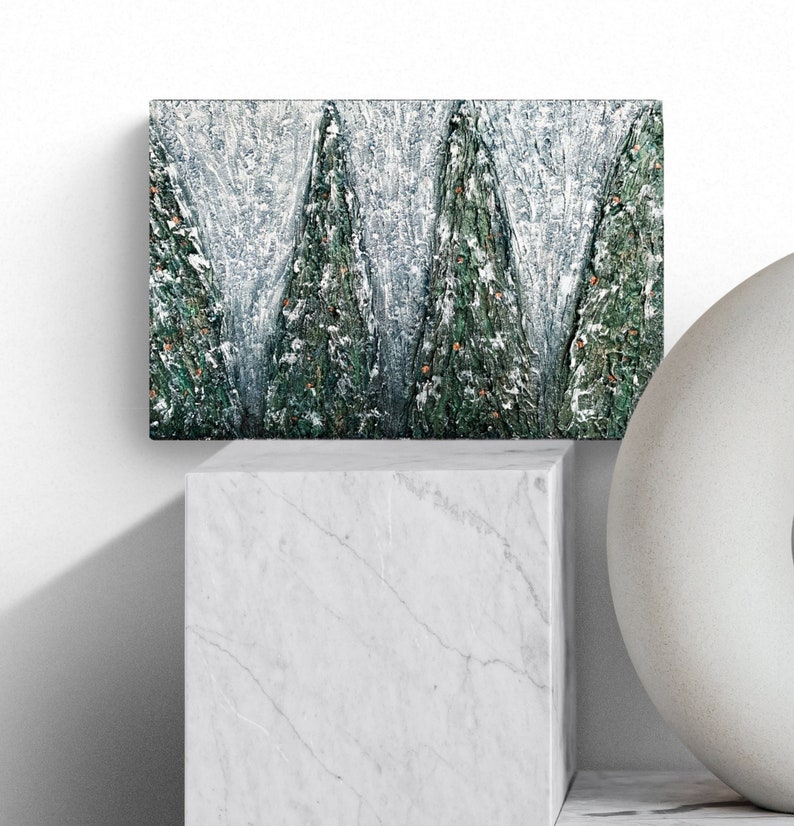 Textured abstract painting, Relief dark art, Winter green forest Textured abstract painting, Relief dark art, Winter green forest