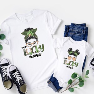 Saint Patrick's Day Mama and Mini Messy Bun Lady Shirts, Matching St.Patricks Day One Lucky T-Shirts, St Patty's Mama and Mini Shirts