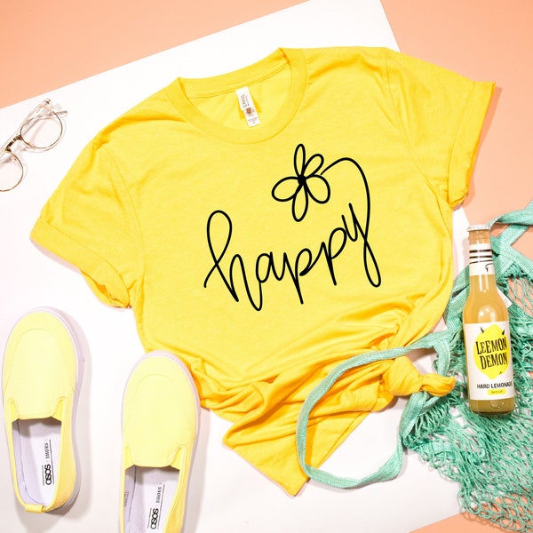 Chemise d'été pour femmes, chemise heureuse, couleur jaune, chemise heureuse, chemise de motivation, chemise inspirante, soyez heureux, bonheur