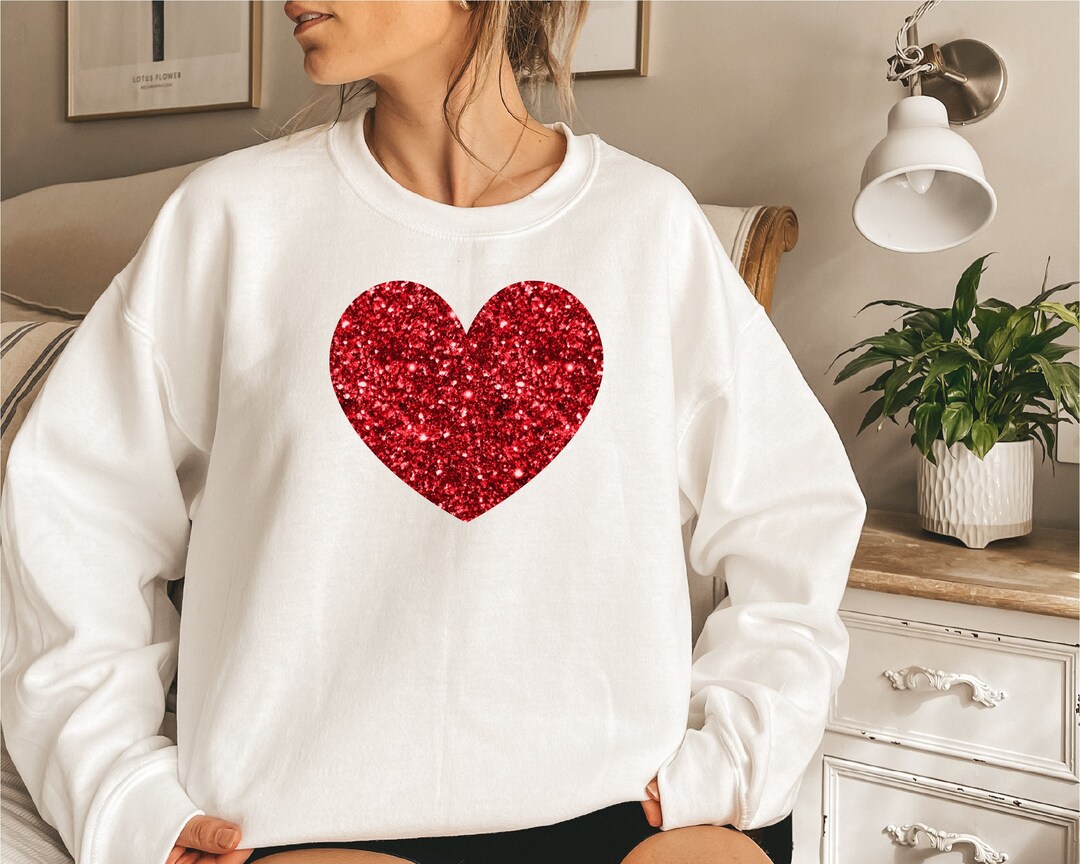 Glitter Red Heart Sweatshirt, Red Glitter Valentines Day Sweatshirt ...