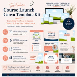 May include: A digital marketing kit titled The Online Course Launch Canva Template Kit, featuring 108 total templates for social media, Facebook group covers, and event covers. The design includes text, icons, and mockups of screens.