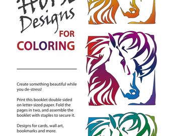 Horse coloring book pages, bookmarks and cards, stress-relieving, instant download