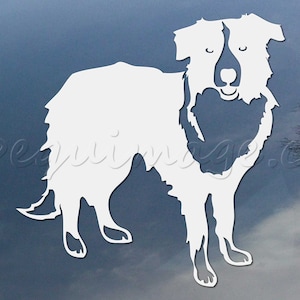 Peut inclure: Silhouette blanche d'un chien de race Border Collie debout sur un fond bleu. Le chien est face à l'avant, la tête légèrement inclinée sur le côté.