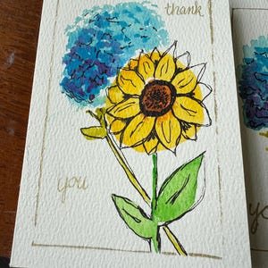 Cartões de agradecimento em aquarela com girassóis e hortênsias - conjunto de 4
