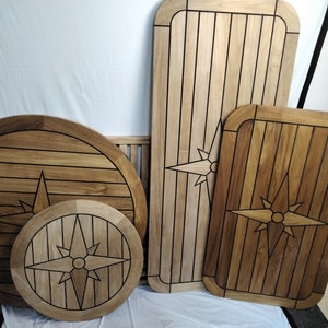 Teak Boat Table Tops W/ Compass Rose Inlay - Very Nice! 2 Styles, 5 Sizes!