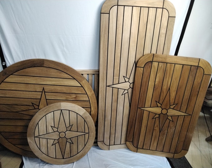 Teak Boat Table Tops W/ Compass Rose Inlay - Very Nice! 2 Styles, 5 Sizes!