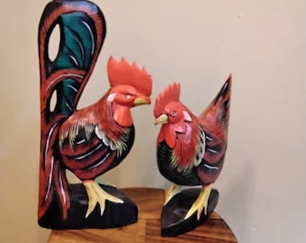 Rooster and Hen Couple Wood Carving- Colorful!