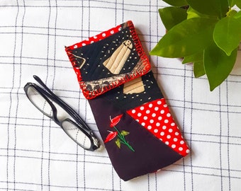 Upcycled fabric glasses case, Embroidered cellphone pouch, quilted sunglasses cover, thoughtful gift