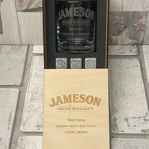 Personalised Jameson whiskey glass gift set, custom whiskey glass, whiskey rocks, boyfriend, dad gift