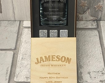 Coffret cadeau personnalisé en verre à whisky Jameson, verre à whisky personnalisé, roches à whisky, petit ami, cadeau papa