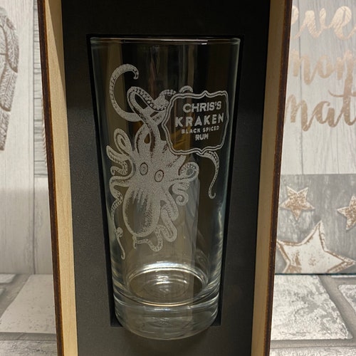 Personalised kraken rum glass and gift box, custom rum glass, kraken high ball glass,