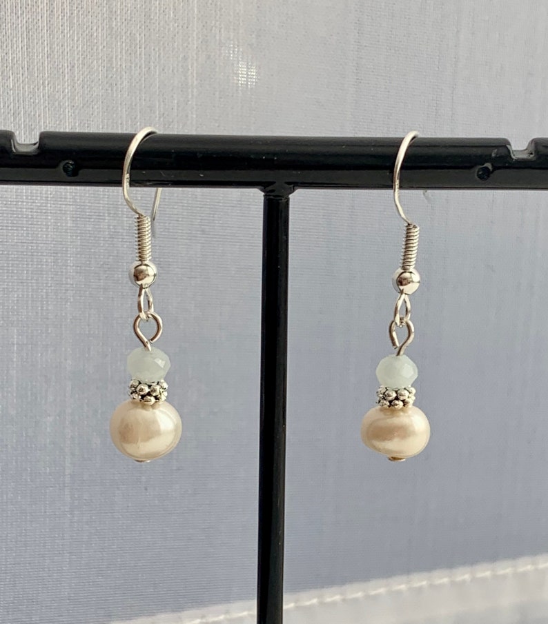 Delicate Freshwater Pearl and Soft Blue Chalcedony Earrings