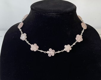 Adjustable Floral Rose Quartz and Clear Glass Crystal Handmade Link Choker Necklace