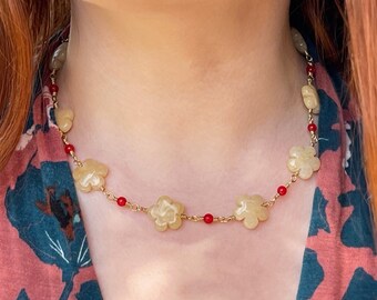 Adjustable Floral Yellow Aventurine and Ruby Handmade Link Choker Necklace
