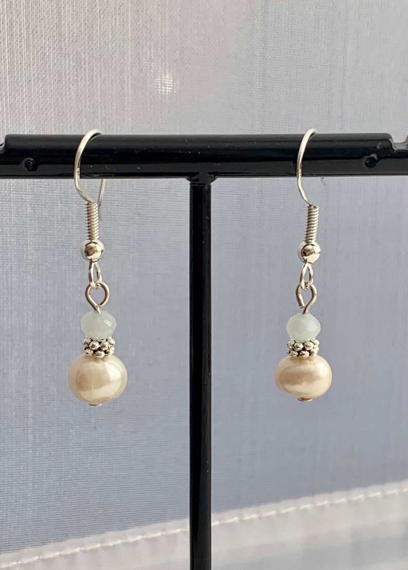 Delicate Freshwater Pearl and Soft Blue Chalcedony Earrings