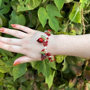 Lampwork Glass Berry Bracelet with Freshwater Pearls and Beaded Flowers