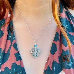 Heart Shaped Clear Millefiori Pendant Necklace with Blue Preciosa Crystal Bead and Wire Wrapped Accents