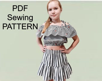 PDF pattern of girl Suit, skirt shuttlecocks pdf pattern, off shoulders top pdf pattern,  pdf patterns for kids, clothing patterns PDF