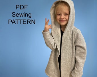 Lange Strickjacke mit Kapuze - PDF Schnittmuster, PDF Schnittmuster für Mantel, PDF Schnittmuster für Mädchen, pdf Schnittmuster für Kinder, Schnittmuster Mädchen